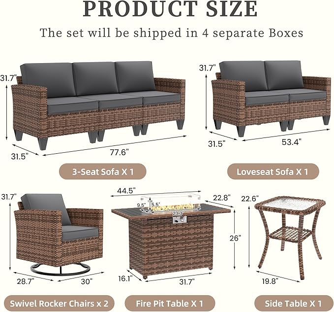 UDPATIO Patio Furniture Set with Fire Pit Table, Rocking Swivel Chairs, 6 Pieces Outdoor Conversation Sets, All-Weather Wicker Outdoor Sectional Sofa with Waterproof Cover, 4'' Thickened Cushion, Grey