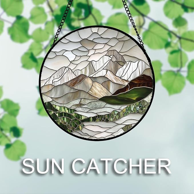 AMDERVEN Stained Glass Window Hanging 4 Pcs Set Mountain River Landscape 9.8" - Suncatcher Door Garden Sun Catcher Decor Birthday Mother's Day for Mom Woman Nana Girl Boy Friend