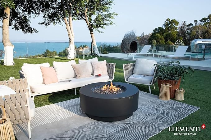 AMS Fireplace | Elementi Plus | Nimes | Round Dark Gray Concrete Natural Gas Fire Table Pit (Natural Gas)