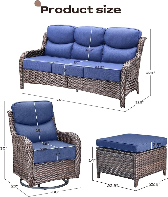 Rilyson Wicker Outdoor Patio Furniture Set - 5 Piece Patio Conversation Sets with Swivel Rocker Chairs, Ottomans and Sofa, 6 inch Cushions, Waterproof Wicker, for Porch Deck Brown/Blue