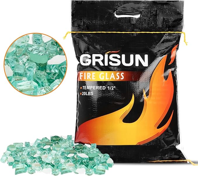 GRISUN 20 lbs Green Fire Glass for Fire Pit, 1/2 Inch High Luster Reflective Fire Pit Glass for Natural or Propane Fireplace, Fire Table, Safe for Outdoors and Indoors Tempered Glass Rocks
