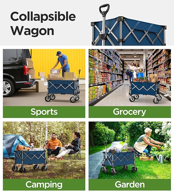 Collapsible Folding Wagon Cart with Large Wheels & 150L Capacity | Heavy-Duty Foldable Utility Wagon for Groceries, Camping, Beach, Sports & Garden Use | Compact Storage, No-Tool Setup-Blue