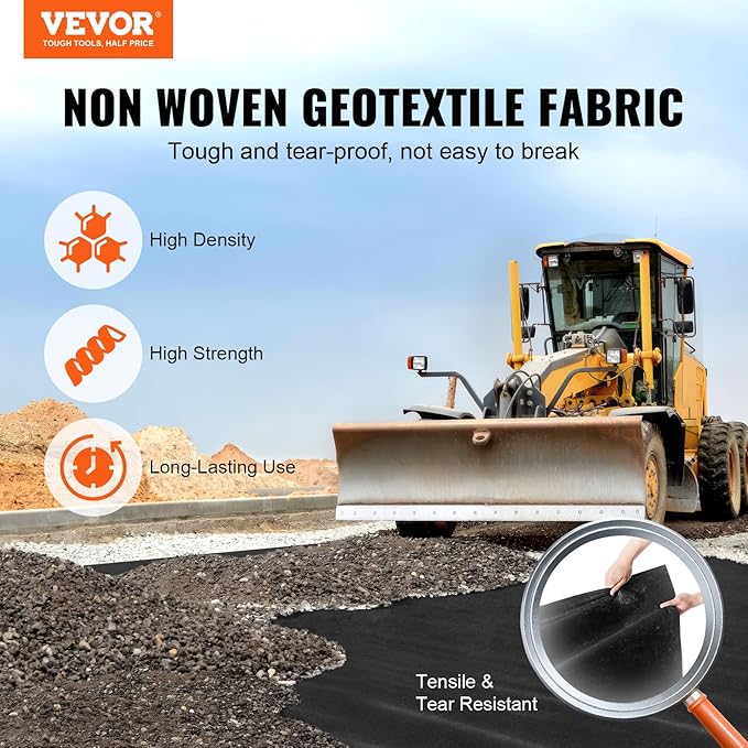 VEVOR Geotextile Landscape, 6ft x 50ft 8 oz, Non-Woven PP Drainage 350N Tensile Strength & 440 N Load Capacity, for Ground Cover, Garden Fabric, French Drains, Black