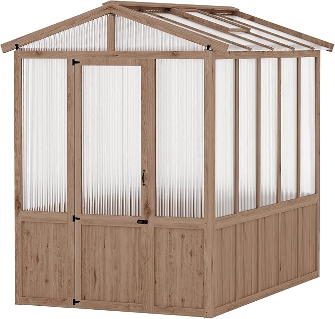 6x8FT Wooden Greenhouses for Outdoors, Wooden Walk-in Green House with Cedar Frame, Greenhouse Kit with 6MM Thick Polycarbonate Panel