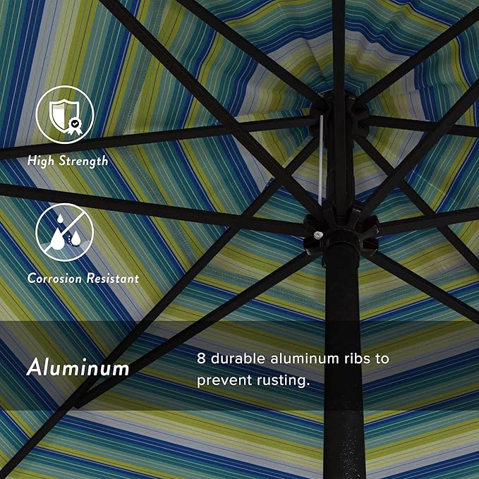 California Umbrella 9' Rd Aluminum Patio Umbrella, Crank Lift, Auto Tilt, Black Finish, Sunbrella Seville Seaside