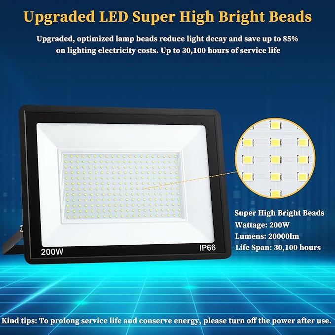 2 Pack 200W LED Flood Lights Outdoor Plug in,25000 LM Super Bright Outdoor Stadium Lights, IP66 Waterproof 6000K Daylight White Security Lights,Floodlights for Garage,Yard,Garden,Playground,Patio
