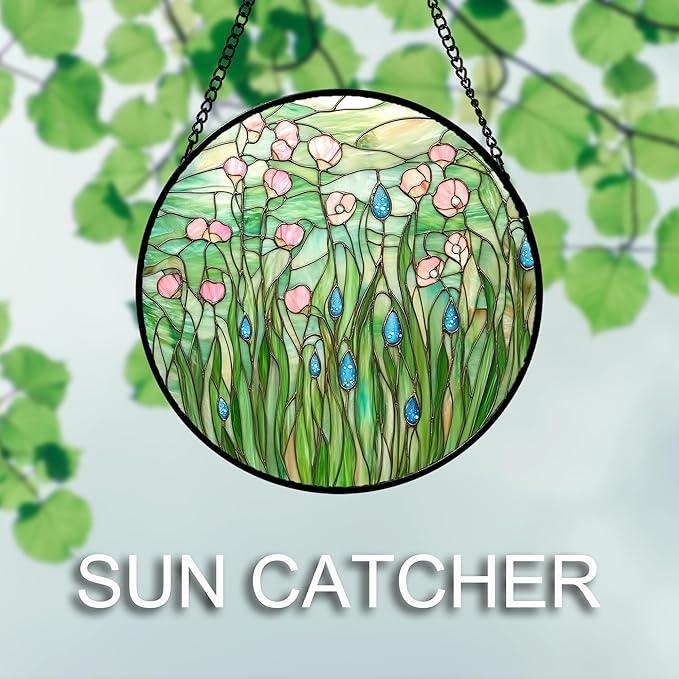 AMDERVEN Stained Glass Window Hanging 4 Pcs Set Pink Green Spring Saplings Flowers 9.8" - Suncatcher Door Garden Sun Catcher Home Decor Mother's Day for Woman Nana Mom Men