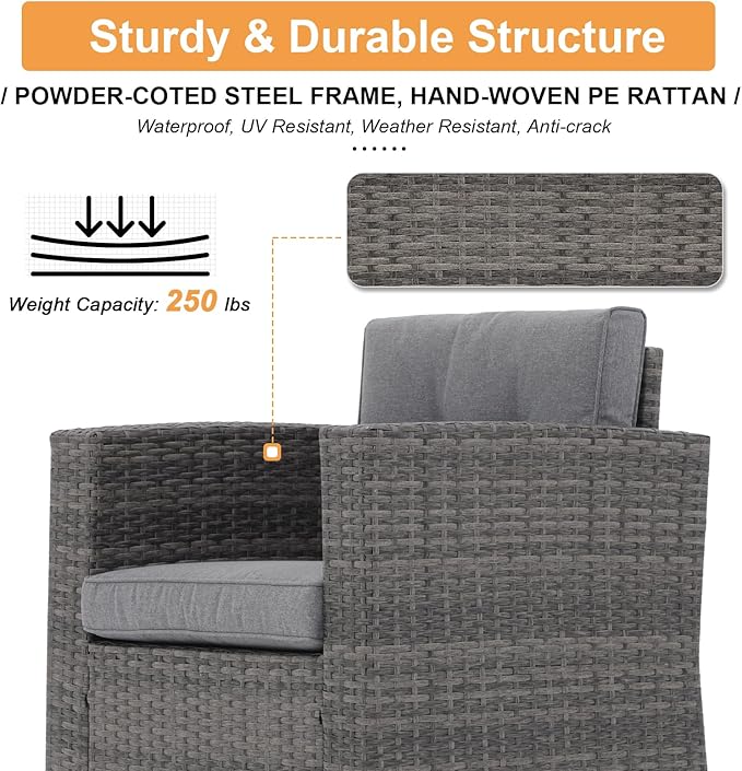 Super Patio 8 Pieces Outdoor Patio Furniture Set with 45” Fire Pit Table, Rattan Patio Conversation Sets with 50000 BTU Gas Fire Pit, Wicker Sectional Sofa Set with Storage Box, Gray (Without Table)