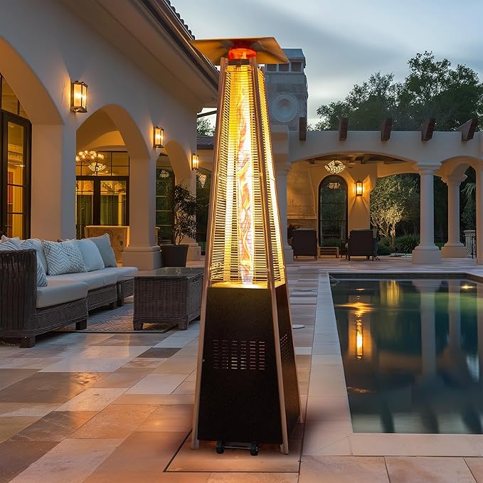48,000 BTU Flame Pyramid Pool Heater With Cover, Triple Safety Protection with Patio Cover, Warm Glass Tube Portable Heater with Durable Wheels - Gray