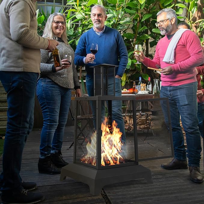 Walsport Chiminea Outdoor Fireplace, 43 Inch Wood Burning Fire Pit with Grill Grate and Spark Screen Cover, Outdoor Fire Pit for Patio, Backyard, Deck Porch and Camping (Black) ﻿