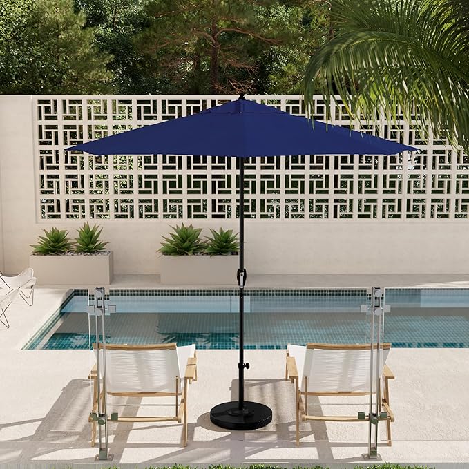 California Umbrella 9' Rd Aluminum Patio Umbrella, Crank Lift, Auto Tilt, Black Finish, Sunbrella True Blue