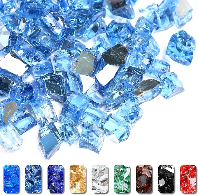 GRISUN 20 Pounds Pacific Ocean Blue Fire Glass for Fire Pit - 1/2 Inch High Luster Reflective Tempered Glass Rocks for Natural or Propane Fireplace, Safe for Outdoors and Indoors Firepit Glass