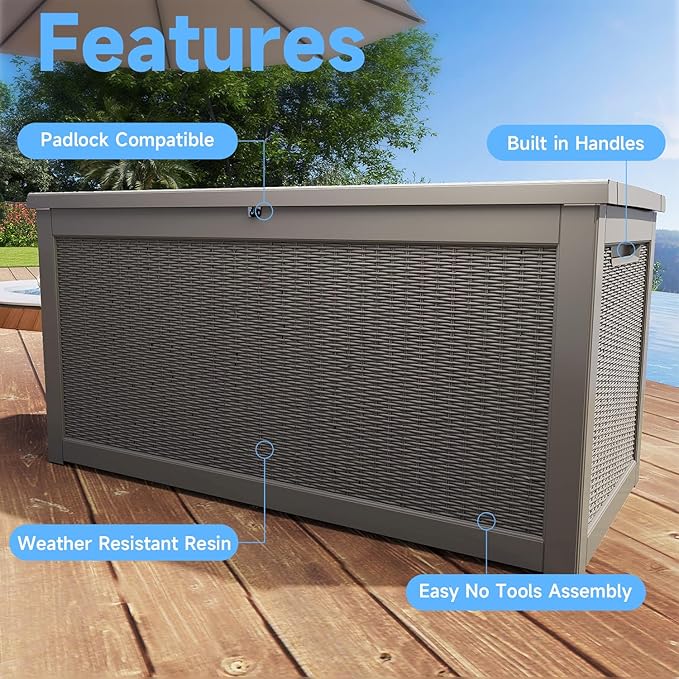 320 Gallon Deck Box XXL Large Outdoor Storage for Patio Furniture,Outdoor Cushions,Garden Tools and Pool Supplies,Waterproof,Resin,Lockable(Grey Rattan)