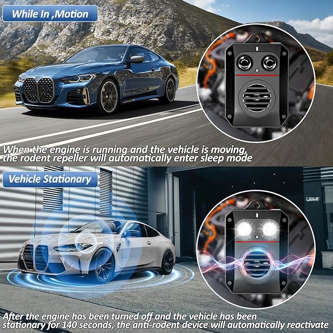 Ultrasonic Rodent Repeller for Car Engines, Sonic Mouse Repellent with Flashlight Sensor, Waterproof Battery Operated Mice Deterrent for Cars for Indoor,Garage,Auto,Against Rat,Squirrel,Skunk,Bat,Cats