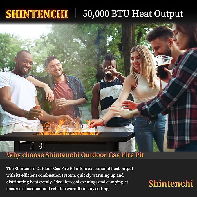 Shintenchi 43 Inch Fire Pit Table, 50,000 BTU Outdoor Propane Fire Table, Outdoor Steel Propane Fire Pit with Lid and Lava Rock for Garden, Yard, Camping, Pool Use, Charcoal Black