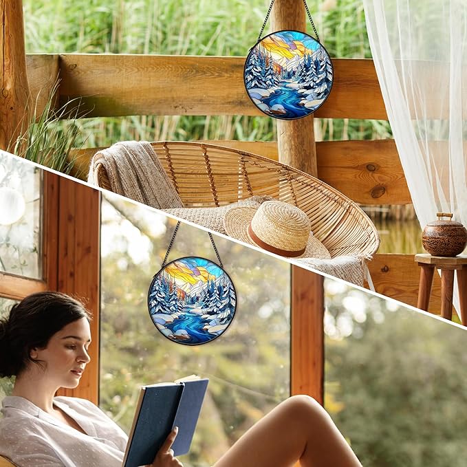 cvjutf Winter Wonderland Christmas Suncatcher Stained Glass Window Hanging Decorstions, Landscape Stained Glass Wall Decor, Winter Solstice Gifts, Forest Garden Sun Catchers Window Art, 7.9x7.9 Inch