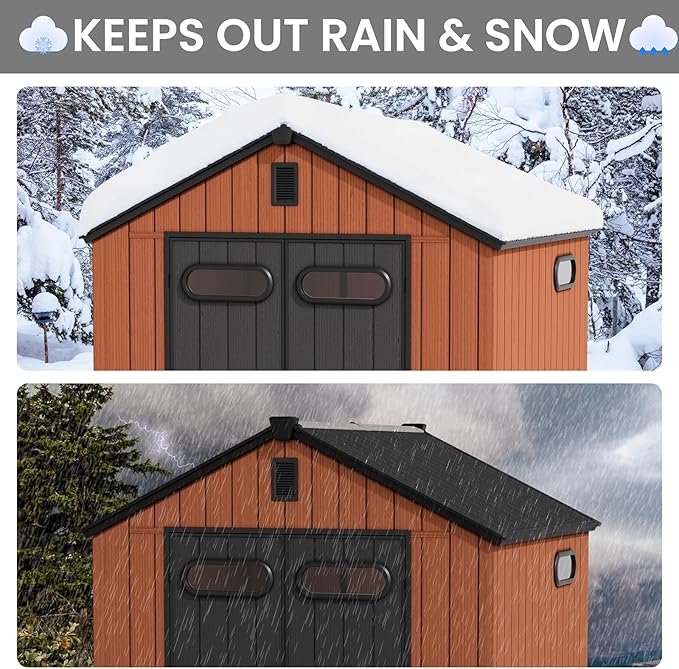 CRESTLIVE 8x8 FT Rust-Resistant Plastic Outdoor Storage Shed, Waterproof Resin Garden Shed with Floor, Doors, Skylight & Vent for Lawn Tools & Bikes