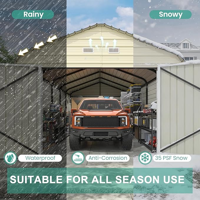 EROMMY 12x24 FT Heavy Duty Carport - Galvanized Steel Frame Car Shelter with Reinforced Base, Enclosed Storage Shed for Cars & Trucks, Gray