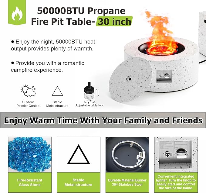 30" Round Propane Fire Pit Table - 50K BTU with Lid, Rocks Tank Storage and Cover - Round Gas Fire Pits for Outside Patio - Outdoor Table with Firepit (White, 30" Round)