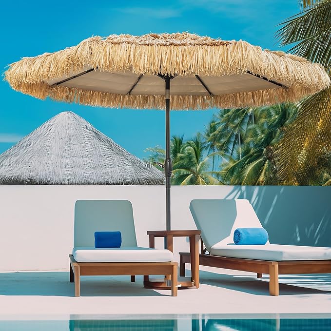 8FT Tiki Umbrella, Beach Umbrella UV-Stability, Outdoor Patio Umbrella Hawaiian Style 8 large Ribs, Thatched umbrellas with Push Button Tilt and Crank Lift for Tiki Bar, Pool, Beach, Natural