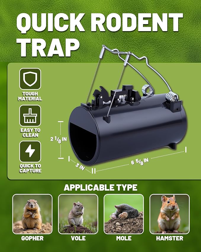 2PCS Gopher Trap, Reusable Mole Trap for Lawns & Gardens, Spring Mechanism for Gophers, Moles, Voles, No Batteries Required, Easy to Set & Reset Efficiency