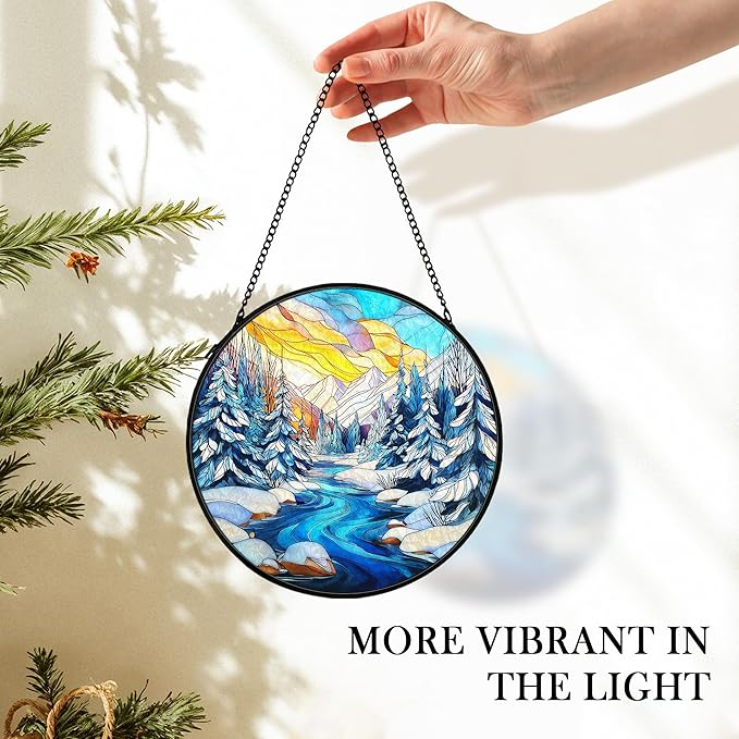 cvjutf Winter Wonderland Christmas Suncatcher Stained Glass Window Hanging Decorstions, Landscape Stained Glass Wall Decor, Winter Solstice Gifts, Forest Garden Sun Catchers Window Art, 7.9x7.9 Inch