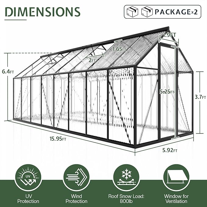 Jocisland 6x16Ft Polycarbonate Greenhouses for Outdoors, 2 Top-Opening Windows, Swing Doors, Aluminum Walk-in Heavy Duty for Outdoor Use, Backyard Garden, Black