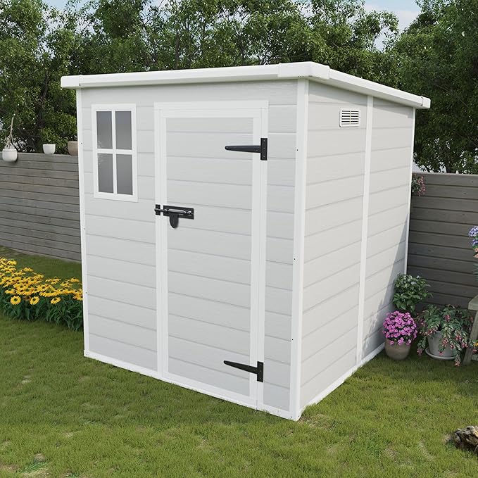 Outdoor Storage Shed 6x6 FT, Resin Lean to Shed with Floor, Window, Lockable Door, Waterproof Outside Sheds Patio Furniture Tool Shed for Bike, Garbage Can, Lawn Mower (Grey, 6 * 6ft)
