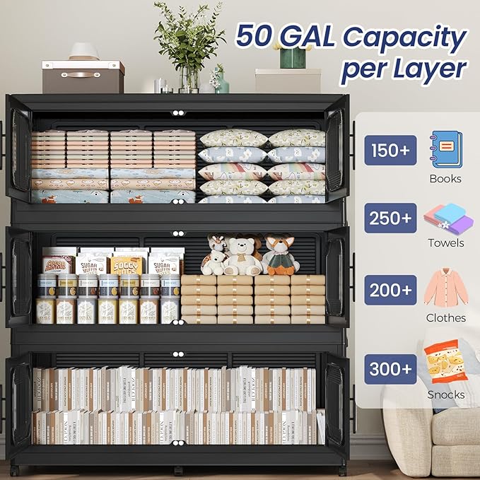 150Gal Exra Large Stackable Storage Bins with Lid, 600QT Collapsible Storage Box with 6x Wheels, Folding Plastic Cabinet Container with Door Drawer for Home Kitchen Office Dorm, 3Pack Black