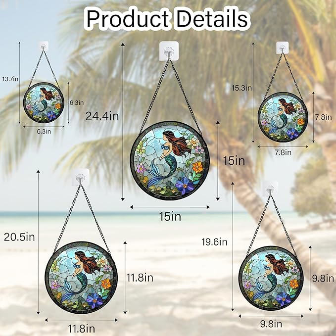 JOSUMALY Stained Glass Window Hanging - Light Blue Mermaid Suncatcher for Door Terrace Garden Home Decor, Ocean Flowers Sun Catcher Birthday Gifts for Lovers Women Men Dad Mom Nana 15 in
