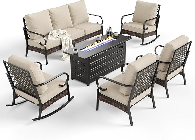 SUNSHINE VALLEY 6 Piece Metal Outdoor Patio Furniture Sets with Firepit Table, Patio Conversation Sets 1 3-Seater Sofa, 2 Leg Chair and 2 Rocking Chair with 5.75" Cushion for Backyard Deck, Beige