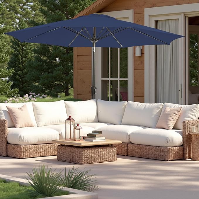 9FT Large Outdoor Patio Umbrella Market Table Umbrella-UV Resistant, Easy Push Button Tilt and Crank, 8 Sturdy Ribs Heavy-Duty Pool Umbrella for Deck, Backyard,Garden,Navy