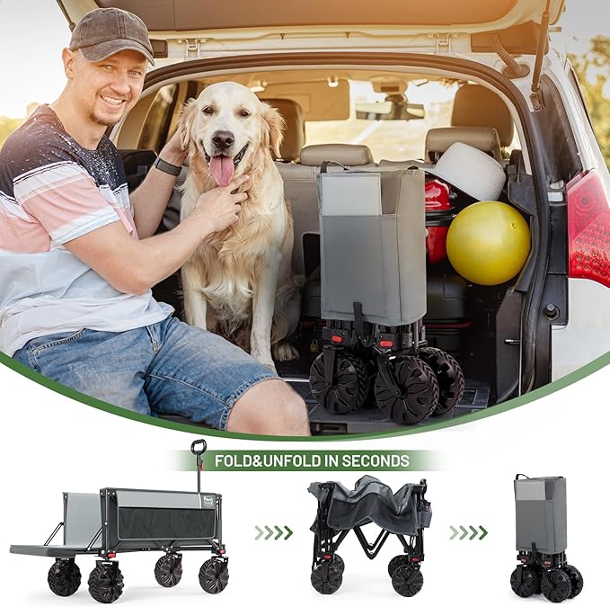 TIMBER RIDGE Beach Wagon with Tailgate, 550lbs Heavy Duty Collapsible Wagon with All-Terrain Big Brakes Wheels, Foldable Utility Cart for Sand Sports Shopping, Gray