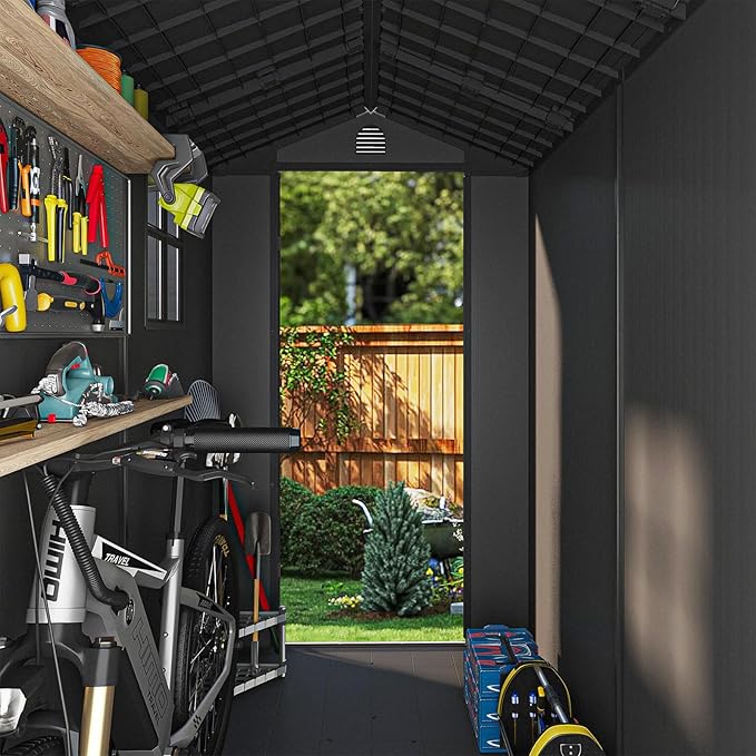 Patiowell 4 x 8 FT Plastic Outdoor Storage Shed with Floor, Garden Tool Shed with Two Windows and Single Lockable Door for Garden, Backyard, Lawn, Easy to Install (Dark Grey) (Fit-it Shed)
