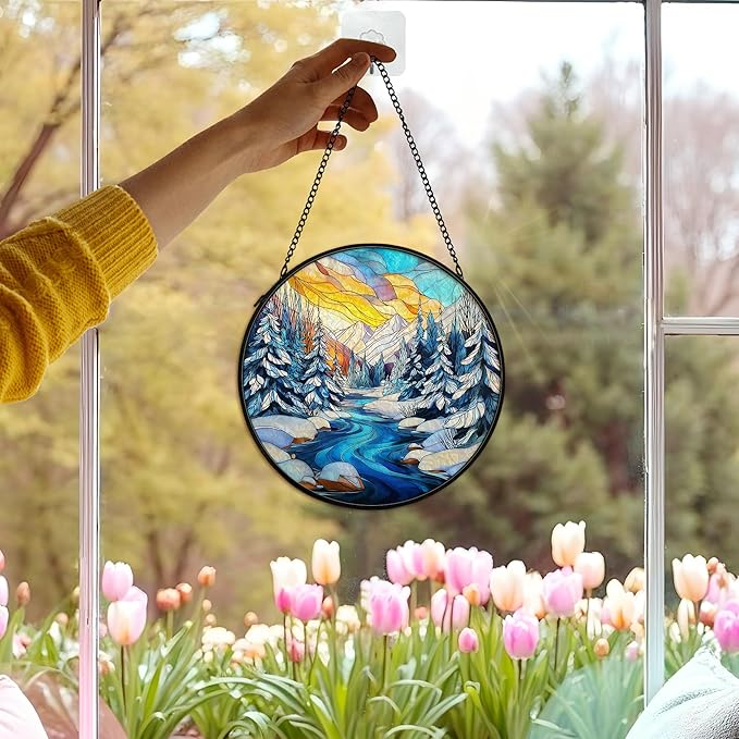 cvjutf Winter Wonderland Christmas Suncatcher Stained Glass Window Hanging Decorstions, Landscape Stained Glass Wall Decor, Winter Solstice Gifts, Forest Garden Sun Catchers Window Art, 7.9x7.9 Inch