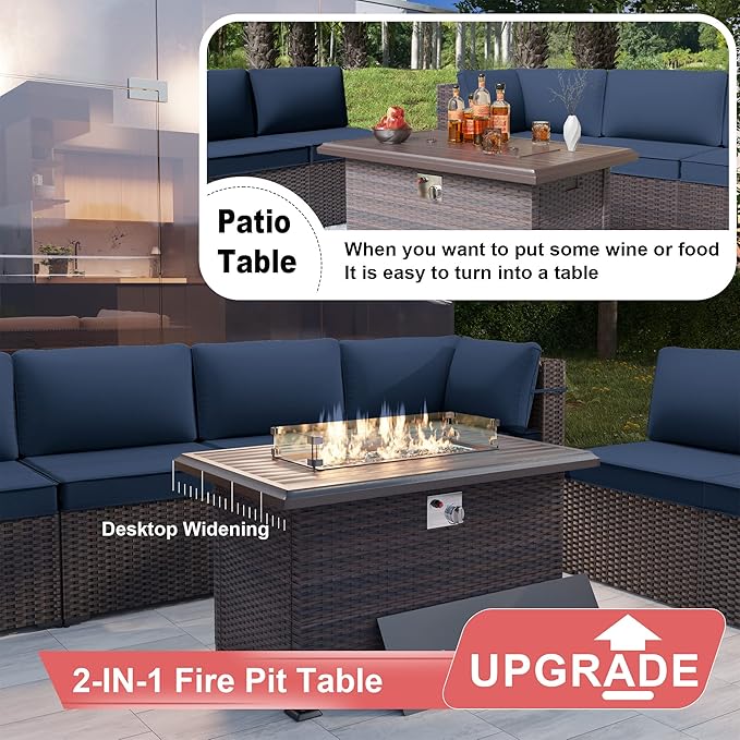 Kurapika 15 Pieces Patio Furniture Set, Rattan Wicker Outdoor Conversation Sets w/43in Propane Fire Pit Table and 4 Inch Cushion(Navy Blue)