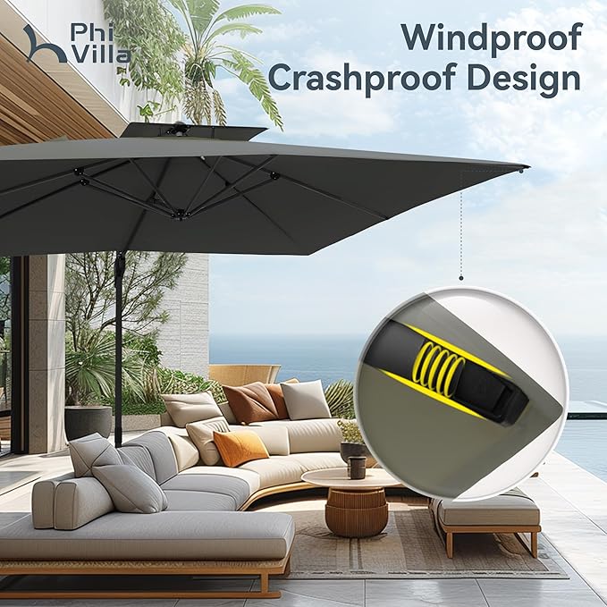 PHI VILLA 9'x 12' Large Patio Umbrella, Outdoor Aluminum Cantilever Umbrella with Double Top Rectanglar Canopy, Windproof Hydraulic Offset Umbrella for Pool, Deck, Garden, Beach, Porch, Grey