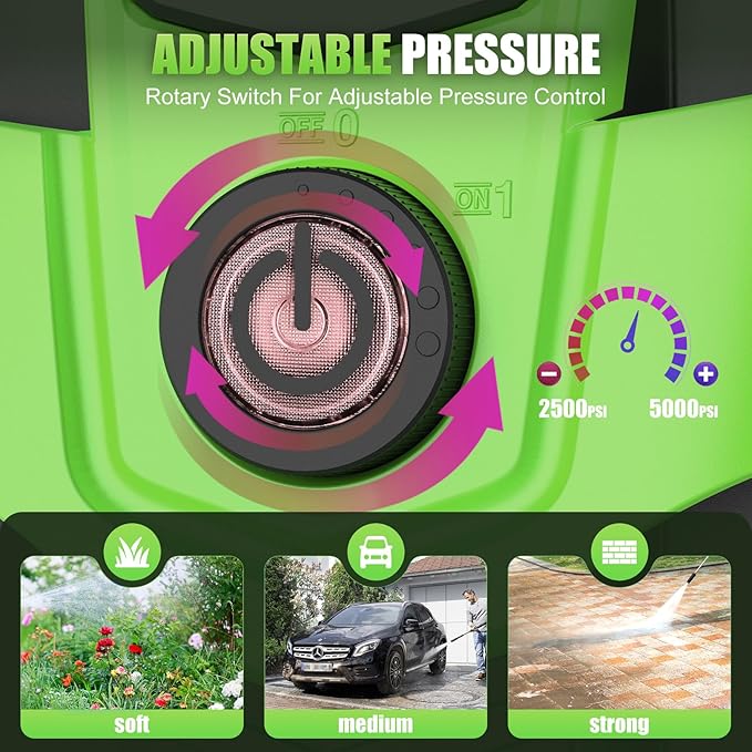 Imdot Adjustable Pressure Cleaner with 33FT Flexible Extension Hose + 34FT Power Cord, 4 Nozzles, Foam Cannon, Best Power Cleaner for Cars, Patios, Driveways, Green