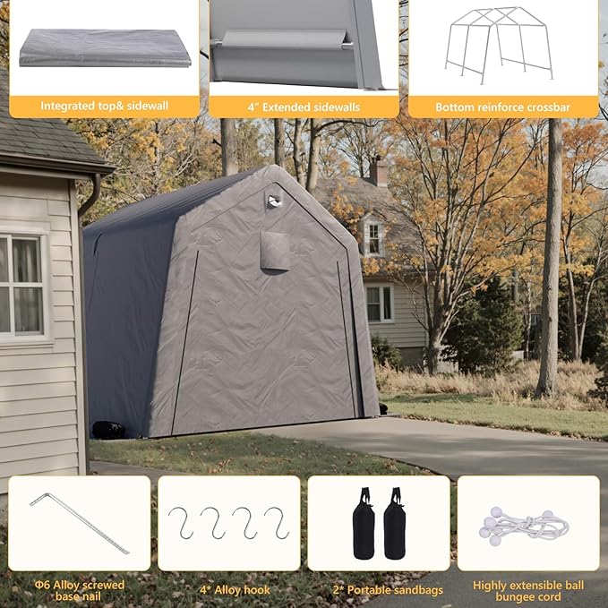 8x8 FT Outdoor Storage Shed, Portable Outdoor Storage Shelter with Roll Up Zipper Door and Vent Windows, Silver Grey