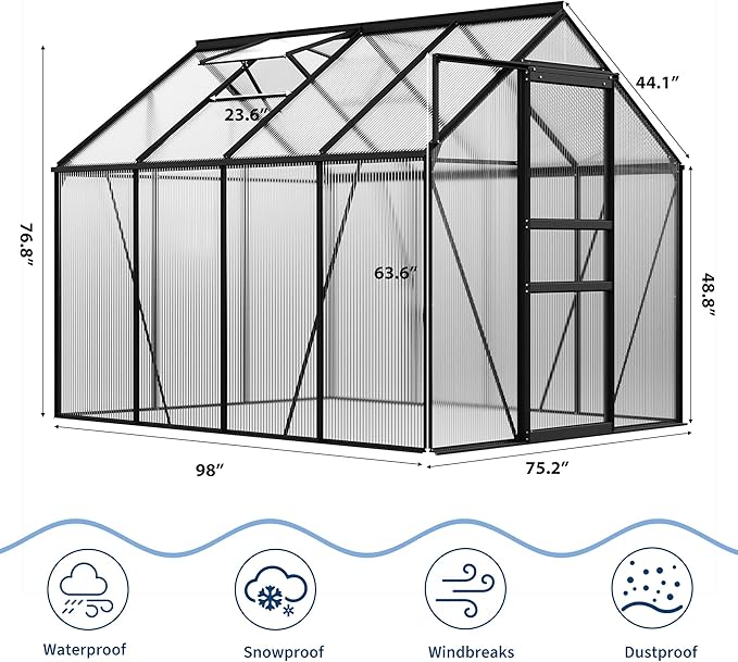 Garvee 6 x 8 FT Outdoor Greenhouse, Polycarbonate Greenhouses with Aluminum Frame, Sliding Door, Adjustable Roof Vent for Backyard, Green Houses for Outside Garden Backyard, Patio, Black