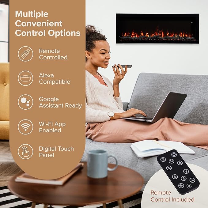 Modern Ember Highmark 50 Inch Smart Linear Electric Fireplace - Premium Flame with 10 Colors, Sleek Hidden Vent Design, Install Recessed in-Wall or Wall-Mount, WiFi Enabled