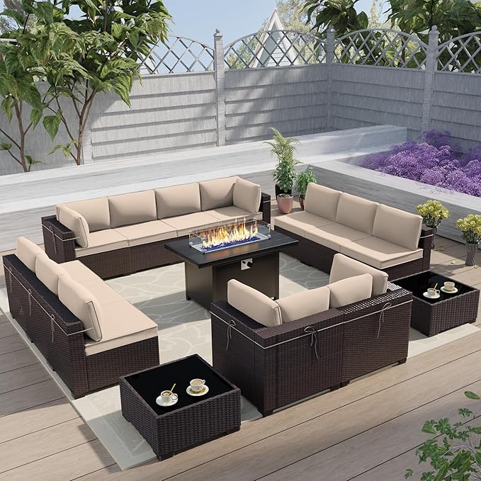 Outdoor Terrace Furniture Set With 43-Inch Aluminum 55001 BTU Propane Fire Pit, 15 Piece PE Willow Vine Dialogue - Brown