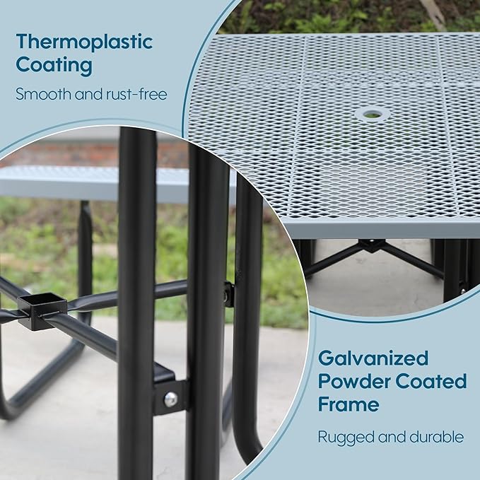 HIMcup 46" Square Picnic Table W/Benches,Heavy Duty Metal Picnic Table Set with 2in Umbrella Hole, 1600 lb Capacity,Commercial Dining Table Furniture for Yard Patio Lawn Party Coffee Shop