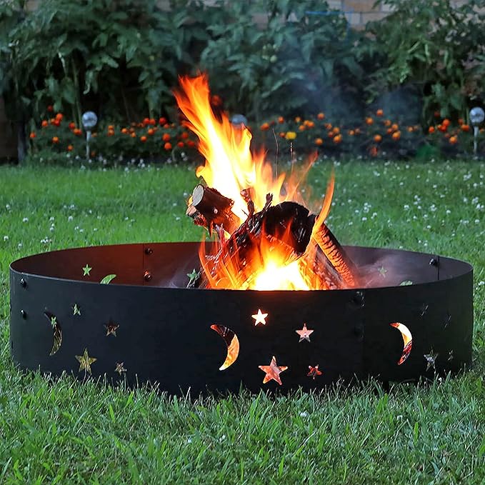 Sunnydaze 36-Inch Outdoor Fire Ring - Portable Metal Fire Pit Ring for Camping or Backyard - 360-Degree Moons and Stars Cutout - Big Sky