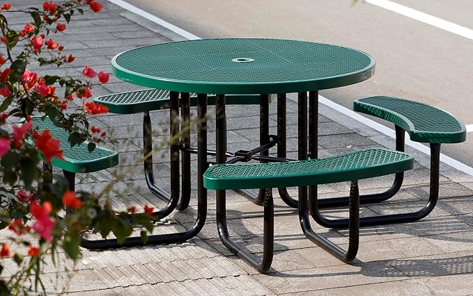 Sunnibety 8-Person Picnic Tables for Outdoors, Industrial 46" Expanded Metal Round Picnic Table with 4 Benches & Umbrella Hole, Outside Table and Bench Set for Park, Garden, Backyard, Patio, Green