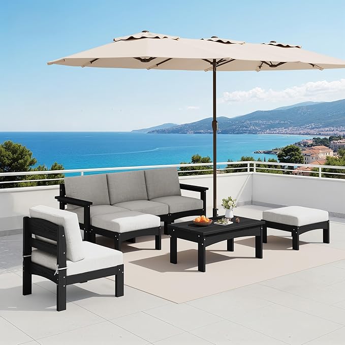 SERWALL 7 Pieces HDPE Patio Furniture Set with 15FT Double Side Patio Umbrella, Patio Conversation Set, All-Weather Modular Patio Sofa Set for Deck, Garden, Porch, Black Frame with Khaki Cushion