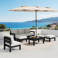 SERWALL 7 Pieces HDPE Patio Furniture Set with 15FT Double Side Patio Umbrella, Patio Conversation Set, All-Weather Modular Patio Sofa Set for Deck, Garden, Porch, Black Frame with Khaki Cushion