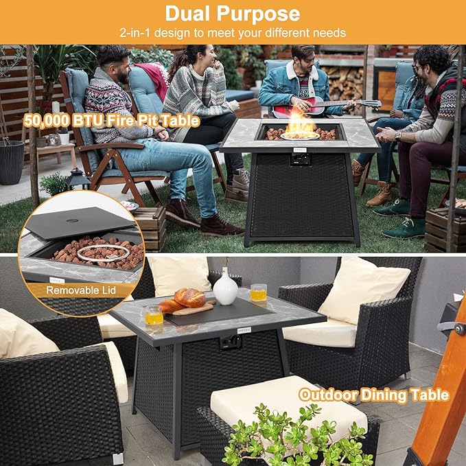 Tangkula 35 Inch Rattan Propane Gas Fire Pit Table, Patiojoy 50,000 BTU Outdoor Wicker Patio Propane Fire Pit w/Lid, Lava Rocks and PVC Cover, Auto-Ignition Square Firepit Table with Marble Tabletop