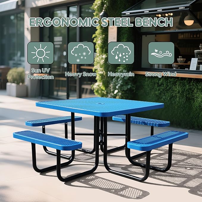 HIMcup 46" Square Picnic Table for Outside,Heavy Duty Metal Picnic Table Bench Set with 2in Umbrella Hole, 1600 lb Capacity,Commercial Dining Table Furniture for Garden Yard Patio Party Coffee Shop