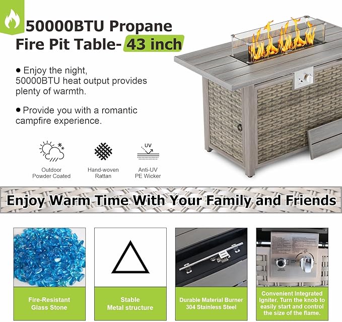 30" Round Propane Fire Pit Table - 50K BTU with Lid, Rocks Tank Storage and Cover - Round Gas Fire Pits for Outside Patio - Outdoor Table with Firepit (Brown, 43" Rectangular)